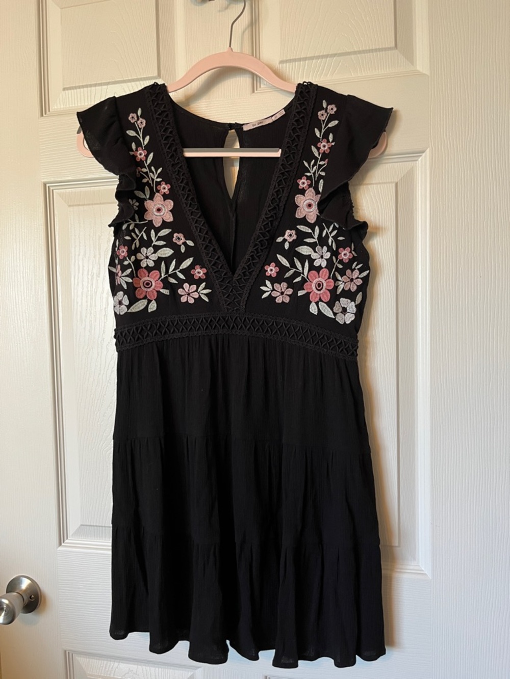 miami Black Mini Dress with Pink & White Floral Embroidery